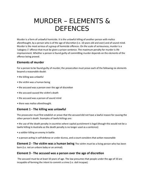 Murder Elements and Defences - MURDER – ELEMENTS & DEFENCES Murder is a form of unlawful - Studocu