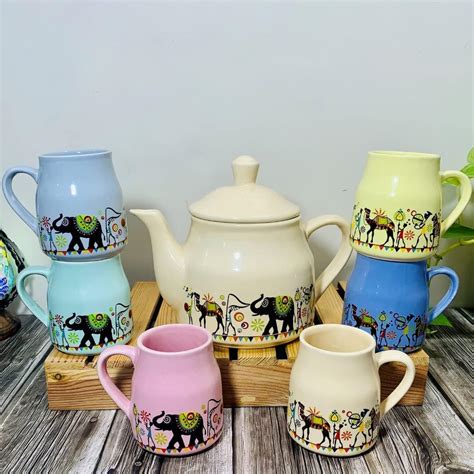 Buy Nikaanch Creations Hand-Painted Ceramic Tea Kettle Set with 6 Cups ...