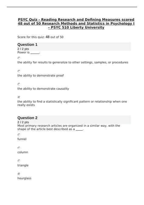 PSYC Quiz - Reading Research and Defining Measures scored 48 out of 50 ...