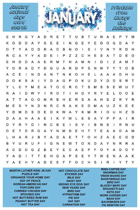 January Word Search Printable - National Day Word Find Puzzle