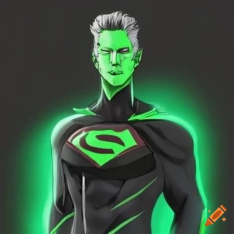 Illustration of a superhero with black suit and green glow on Craiyon