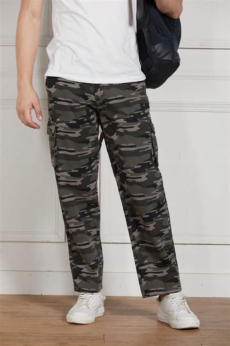 Men's Grey Cotton Lycra Camouflage Stretchable Relaxed fit Cargo Trous ...