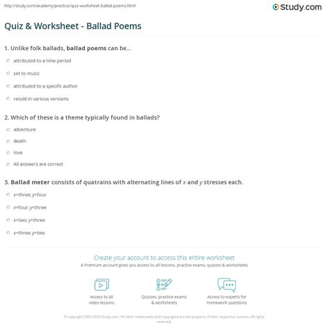 Quiz & Worksheet - Ballad Poems | Study.com