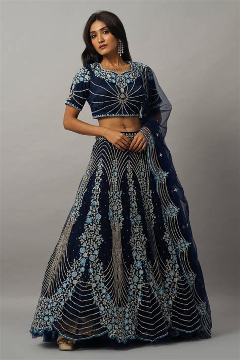 Dark Blue Floral Embroidered Lehenga Set with Zardozi Work – Anvi Couture