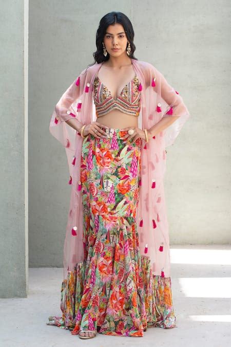 Buy Multi Color Crepe, Organza Sequins, Mirrors, Floral Cape Mermaid ...