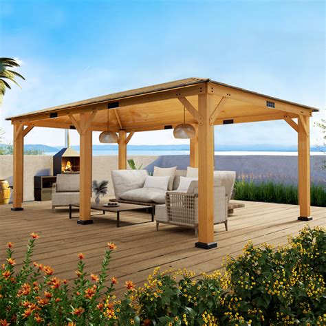 EROMMY 12' x 20' Spruce Wood Gazebo Hardtop, Silent Asphalt Roof Solid ...