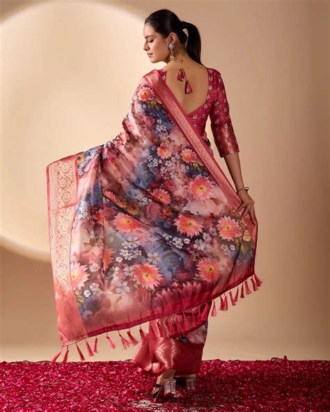 Soft Peach Digital Print Zari Border Woven Lichi Silk Saree – Kalyanja
