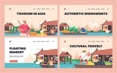 Floating market landing page template set people sell and buy goods in ...