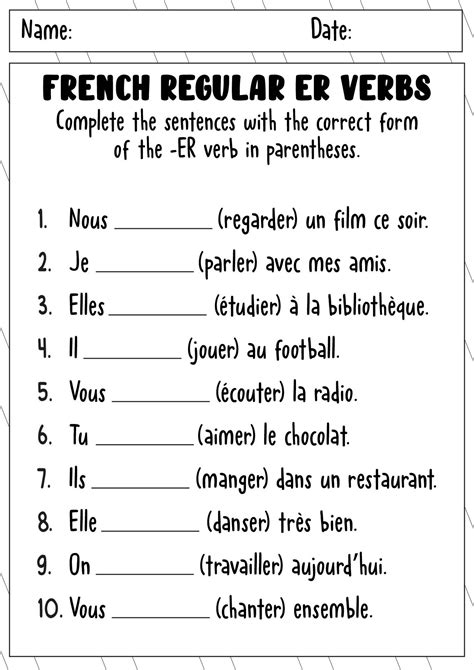 French Regular Er Verbs Worksheet | French lessons for beginners, Verb ...