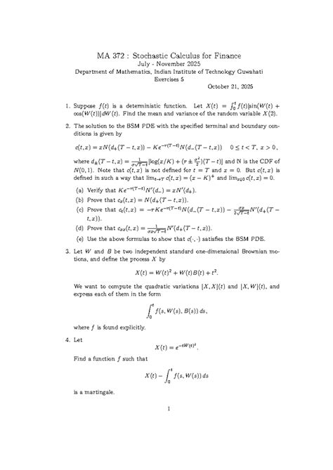 MA 372: Stochastic Calculus for Finance - Practice Problems Ex5 - Studocu
