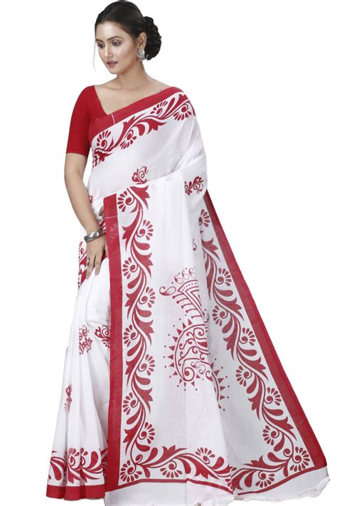 White Pure Cotton Teba Printed Handloom Saree (1261 )