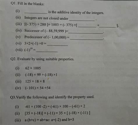 (i) (ii) Integers are not closed under (iii) [(-375)+280 ]+ 1003 ...