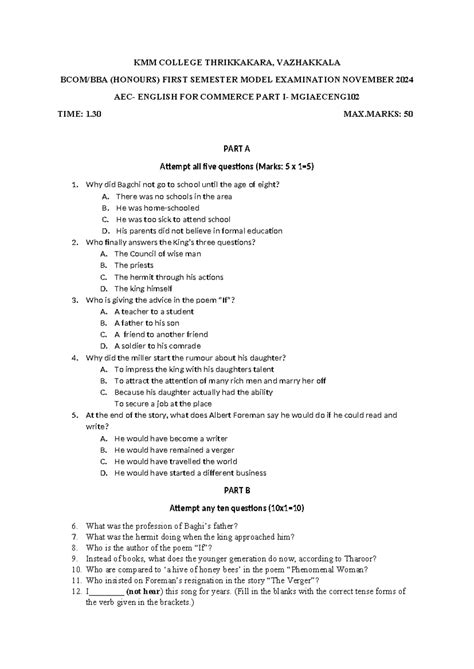 Bcombba - Model Question paper - KMM COLLEGE THRIKKAKARA, VAZHAKKALA ...