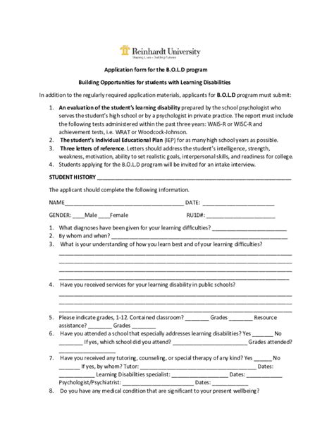 Fillable Online Application form for the B.O.L.D program Building ...