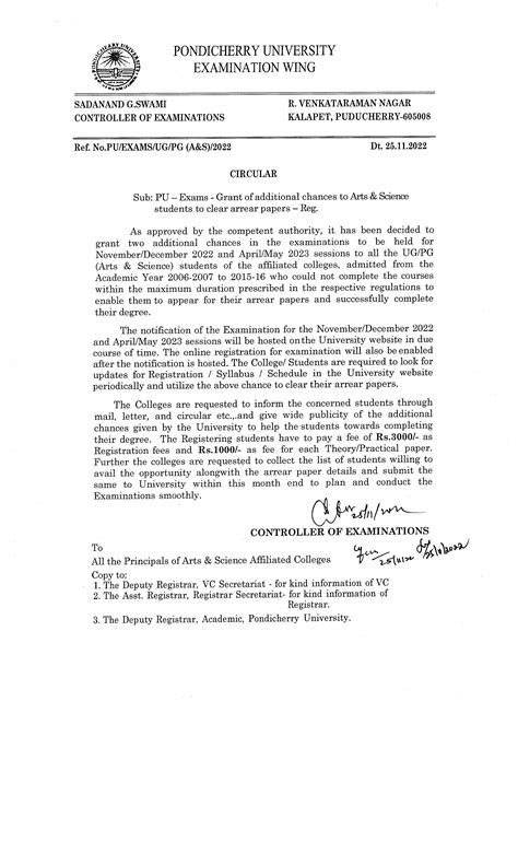 Grant of additional chances to Arts&Science Students to clear arrear papers