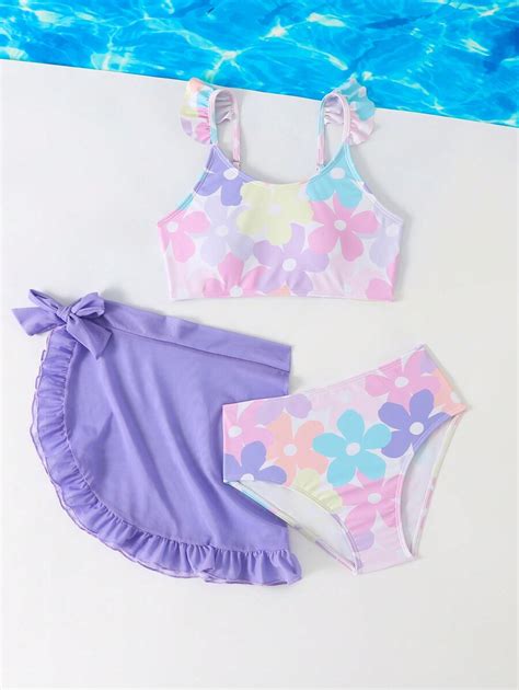 SHEIN Conjunto de Maiô Bikini com Babados Floral e Vestido de Praia ...