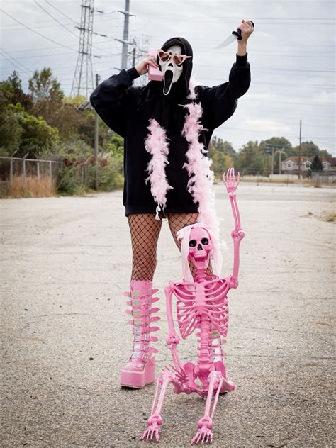 Pink Halloween Aesthetic. Pink Ghostface costume & pink skeleton ...