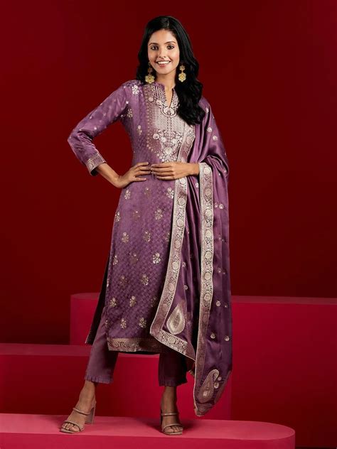 Buy Libas Art Purple Self Design Silk Straight Suit With Dupatta Online ...