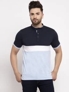 KALT Colorblock Men Mandarin Collar Light Blue T-Shirt - Buy KALT ...