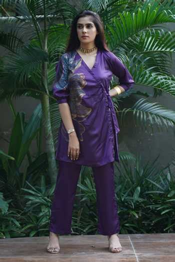Buy Purple Silk , Silk, Deep Desire Hand Painted Wrap Top And Pant Set ...