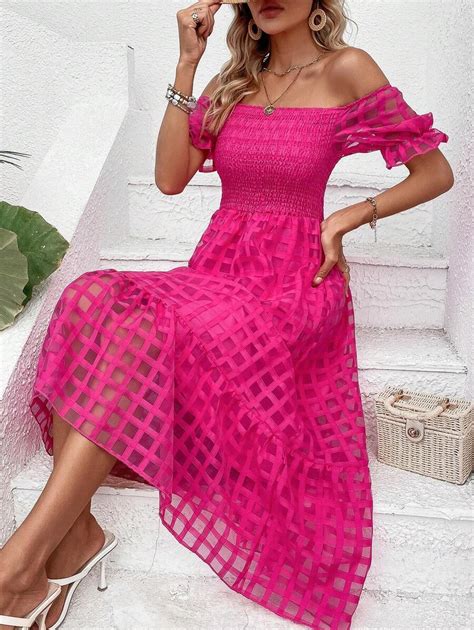 Breezaya Off Shoulder Puff Sleeve Ruffle Hem Dress | SHEIN USA