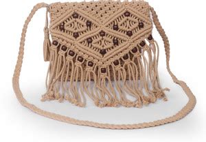 MMS Handicrafts Beige Sling Bag Macramé Crossbody Bag with Wooden Beads ...