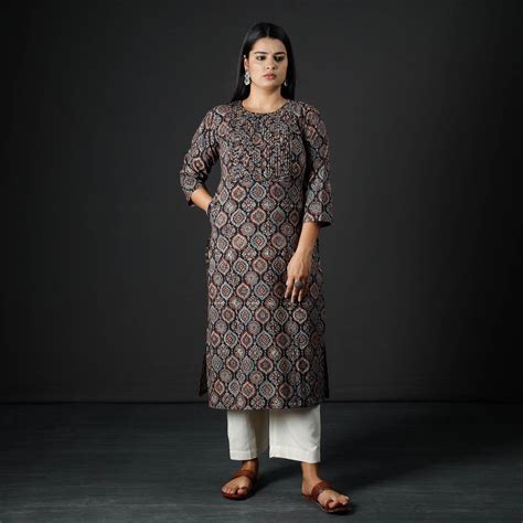 Ajrakh Block Printed Cotton Pintuck Straight Kurta for Women