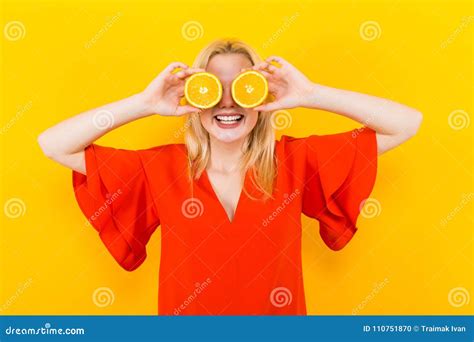Blonde Woman in Dress with Oranges Stock Photo - Image of calories ...