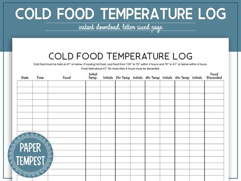 Printable Cold Food Temperature Log, Cold Food Holding Temperature Chart, Food Temperature ...