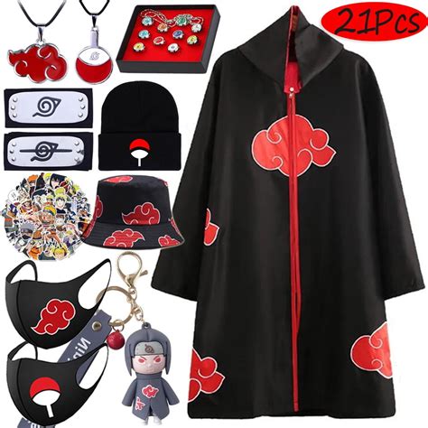 Buy Naruto Red Cloud Costumes Kit 21Pcs Cosplay Akatsuki Cloak Hat Mask ...