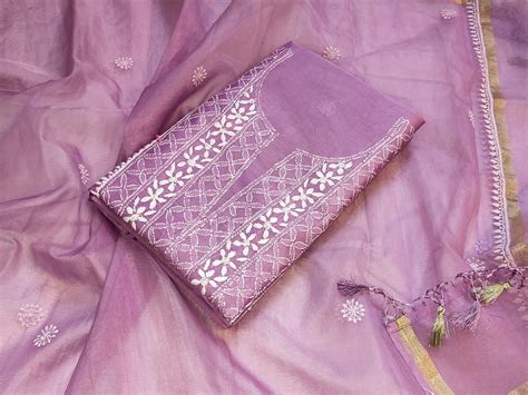 Pure Chanderi Silk 70 grm Dyeable And Hand Chikankari Work Unstitched ...
