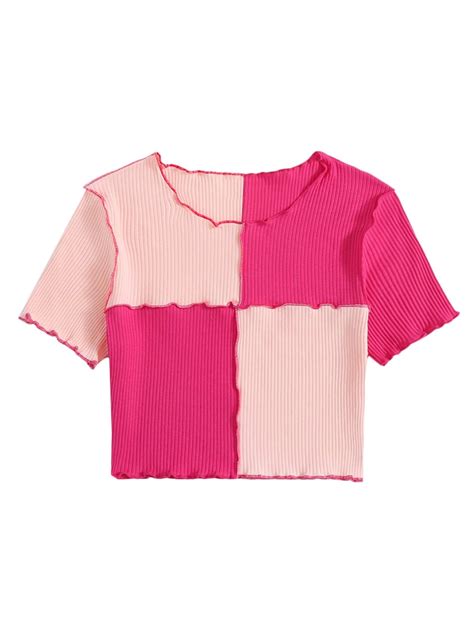 Buy DIDK Women's Contrast Neck Rib Knit Striped Crop Tee Top Hot Pink S ...