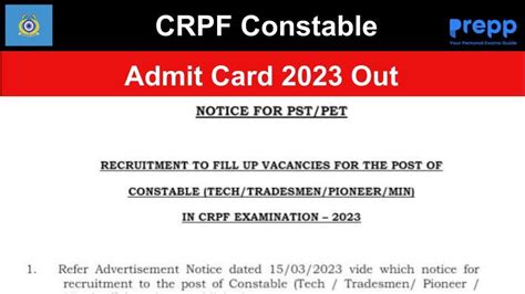 CRPF Tradesman Admit Card 2023 Out; Download PET PST Call Letter