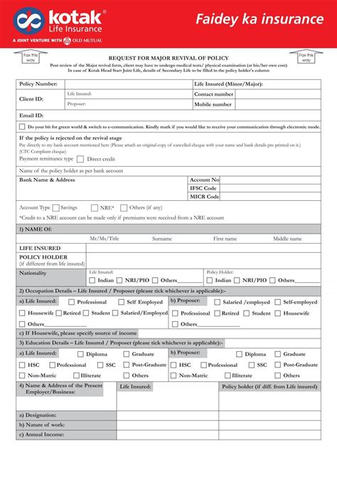 Request for Major Revival of Policy Form - Kotak Life Insurance