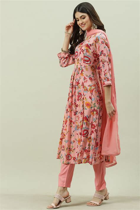 Pink Rayon A-Line Kurta Slim Pant Suit Set at Biba India