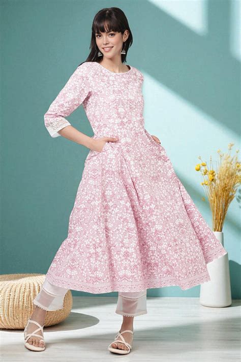Pink Floral Printed Pure Cotton Anarkali Kurta – wforwoman