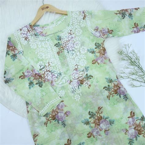 Mint Green Printed Chikankari Work Cotton Kurti – Desisandook ...