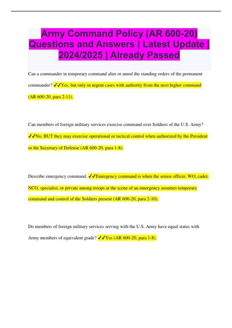 Army Command Policy (AR 600-20) Questions and Answers | Latest Update ...