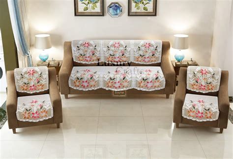 LUXURY CRAFTS Poly Cotton flowered 5 Seater Net Sofa Cover Set (Off ...