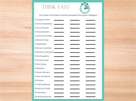 Think Fast Game Printable - Printable And Enjoyable Learning