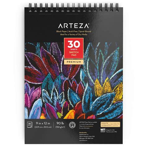 Buy ARTEZA Spiral Sketch Book 9x12 Black Art Paper Drawing Pad 30 ...