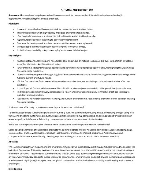 Enviromental Studies - 1. HUMAN AND ENVIROMENT Summary: Humans have ...