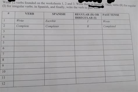 Write 12 verbs founded on the worksheets 1, 2 and 3. Write them in Spanish. Then, write (R) for ...