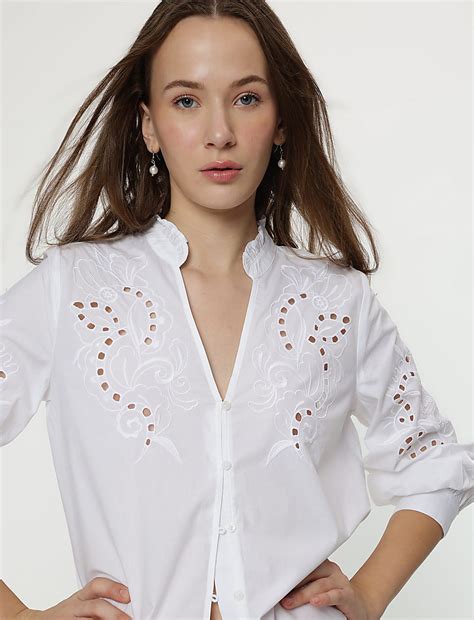 Buy Linen Rich Embroidery Bishop Sleeves Blouse at Marks & Spencer