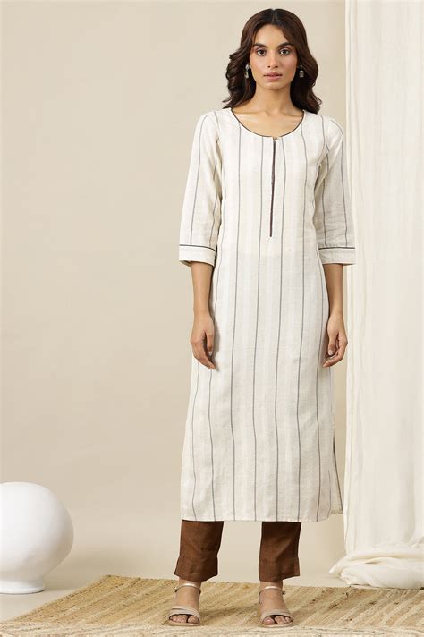 Buy Off-White Yarn Dyed Cotton Blend Straight Kurta Online for Woman ...
