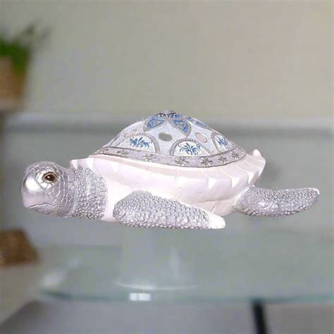 Oceanic Bloom: Embellished Silver & Blue Turtle Sculpture – Le Decor Cove
