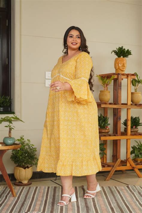 Yellow Cotton Floral Ruffle Dress-Plus Size