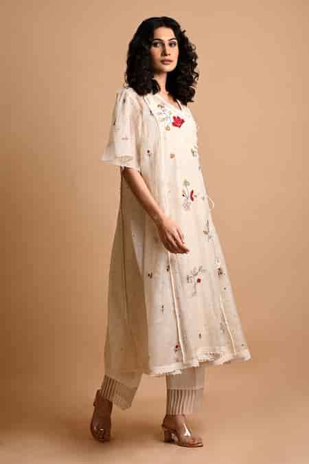 Buy Ivory Jute Silk Hand Embroidered Floral V Neck Lilac Angrakha Tunic ...