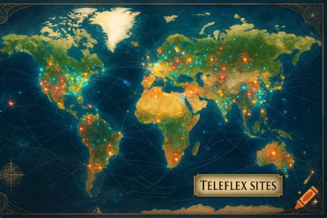 Stylized world map with glowing network sites labeled 'TELEFLEX SITES', featuring a compass rose ...