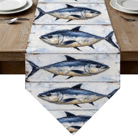 Coastal Fish Table Runner Linen Burlap Table Runner 72 Inches Long Oil ...